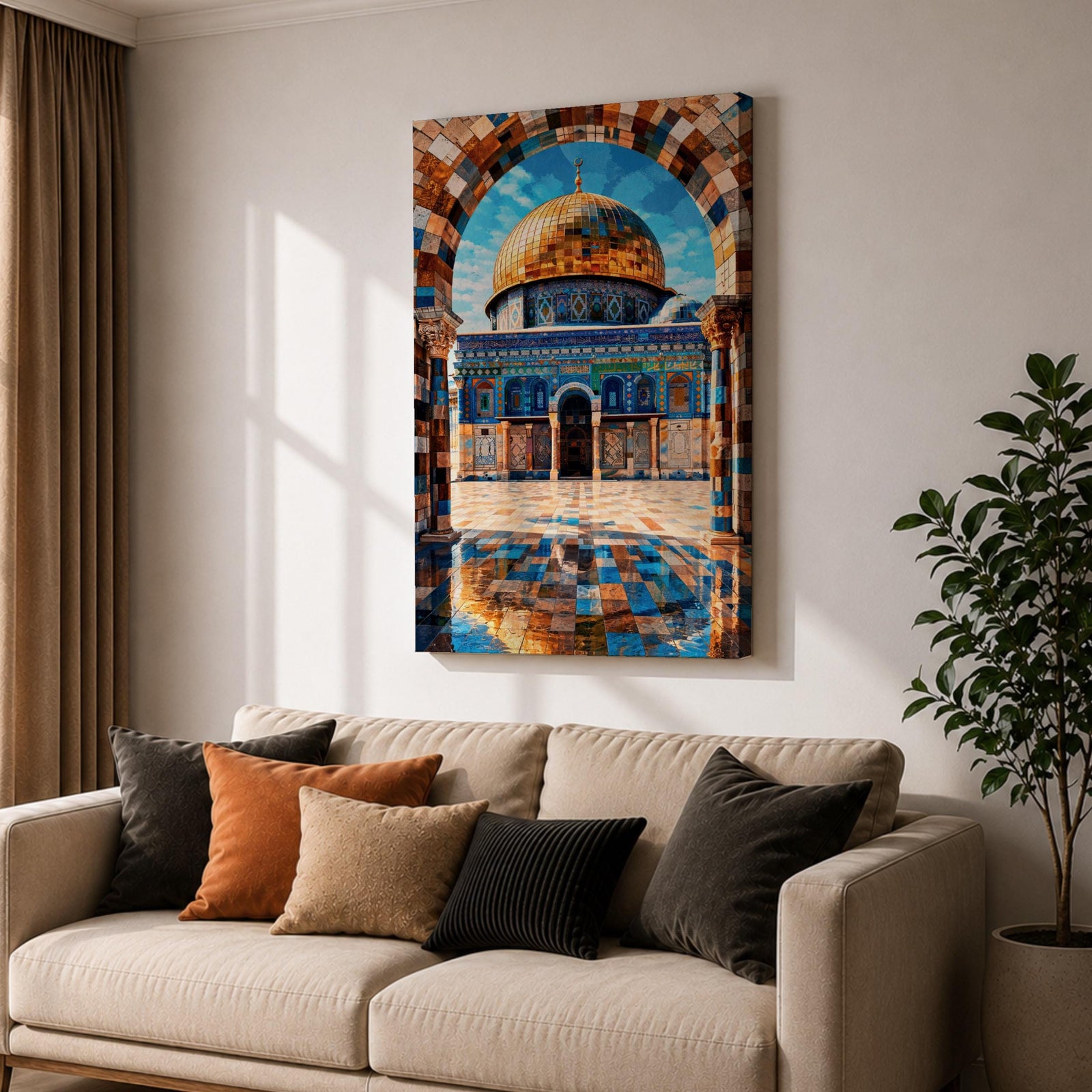 Mosaic style artwork depicting the Dome of the Rock in Jerusalem framed by a richly patterned stone arch, showing the iconic golden dome rising above detailed blue tile architecture and a reflective courtyard with geometric patterns, emphasizing Islamic sacred architecture through intricate mosaic textures and symmetrical composition.