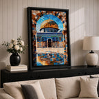 Mosaic style artwork depicting the Dome of the Rock in Jerusalem framed by a richly patterned stone arch, showing the iconic golden dome rising above detailed blue tile architecture and a reflective courtyard with geometric patterns, emphasizing Islamic sacred architecture through intricate mosaic textures and symmetrical composition.