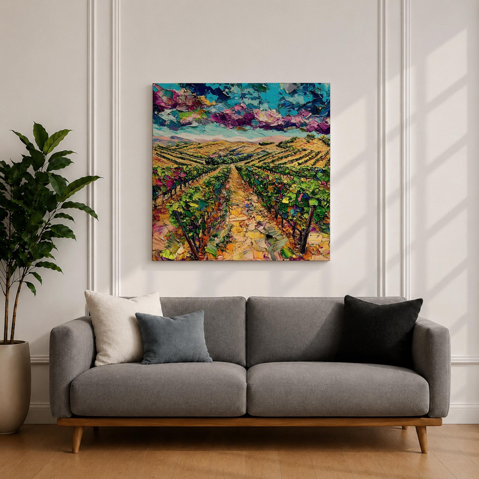 Vineyard Wall Art Grape Vines Framed Canvas Countryside Landscape Impasto Rustic Farmhouse Home Decor
