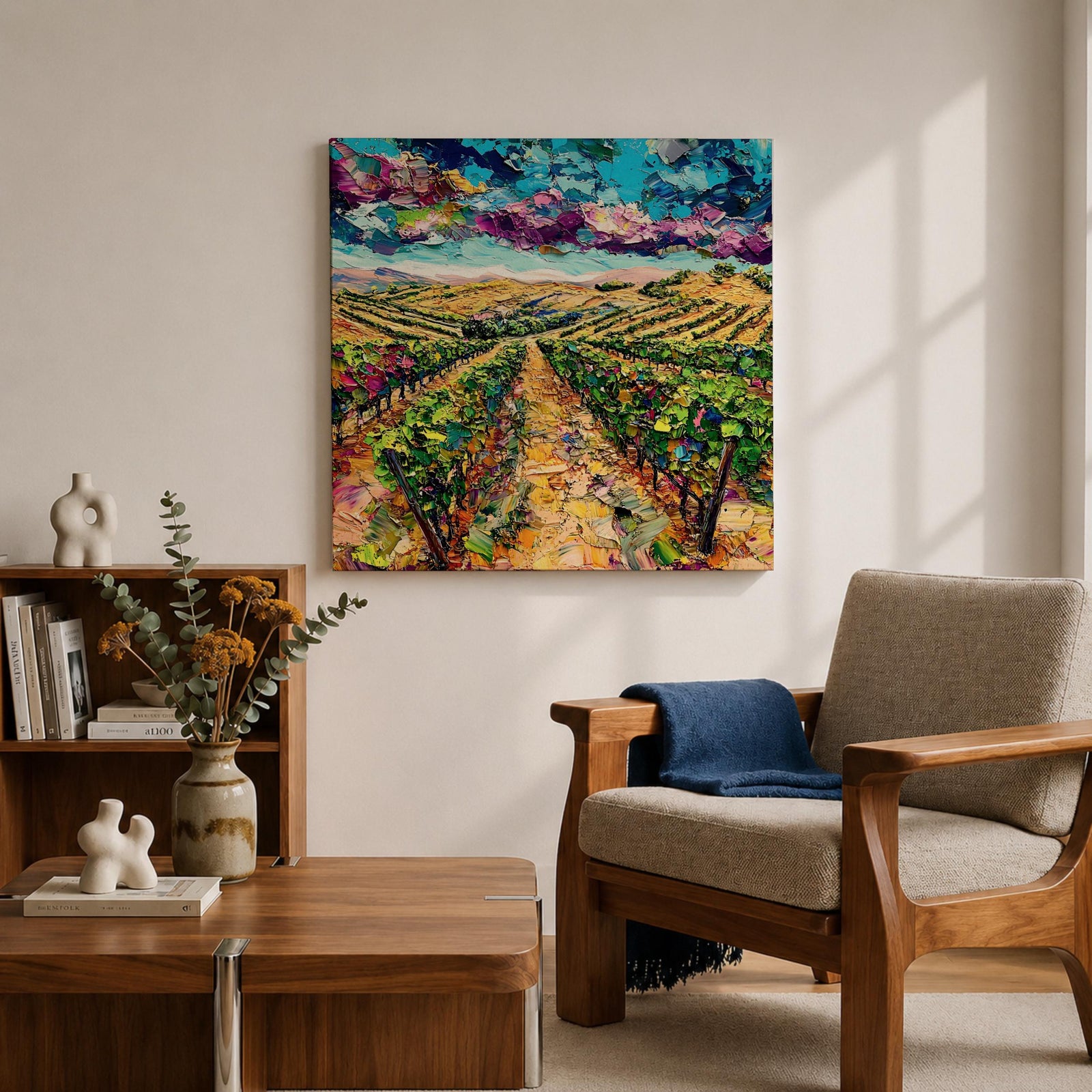 Vineyard Wall Art Grape Vines Framed Canvas Countryside Landscape Impasto Rustic Farmhouse Home Decor