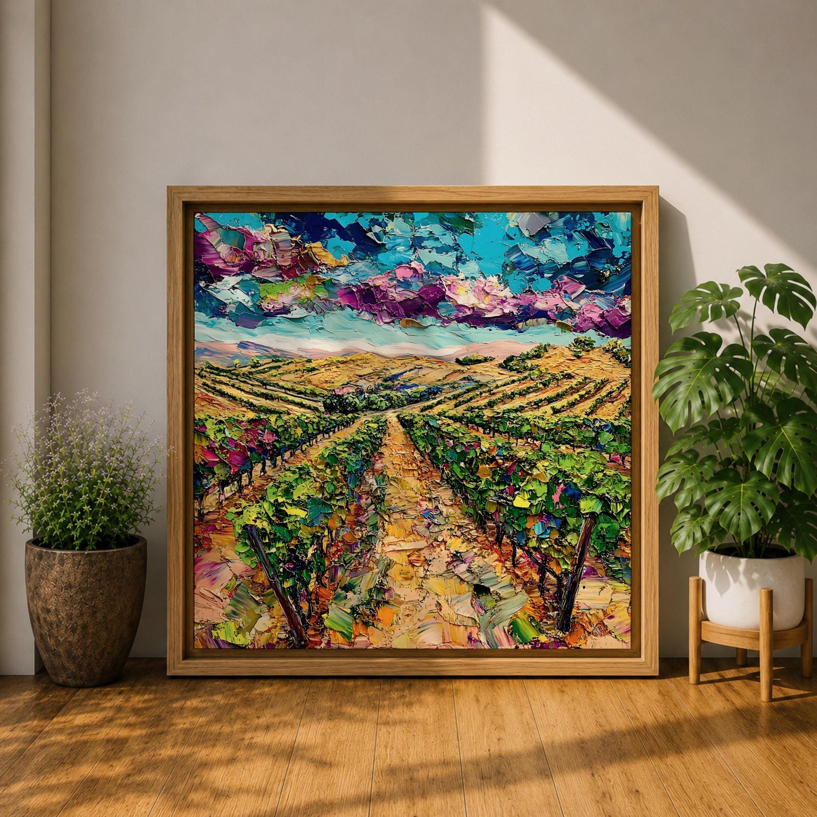 Vineyard Wall Art Grape Vines Framed Canvas Countryside Landscape Impasto Rustic Farmhouse Home Decor