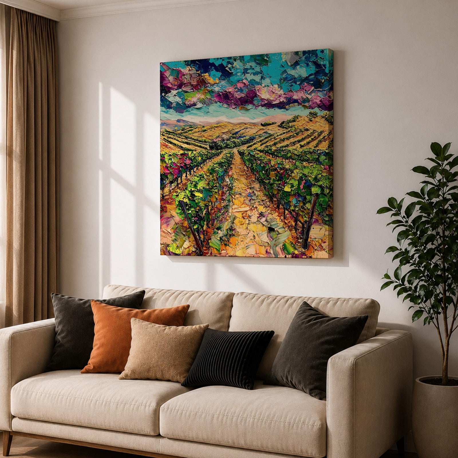 Vineyard Wall Art Grape Vines Framed Canvas Countryside Landscape Impasto Rustic Farmhouse Home Decor