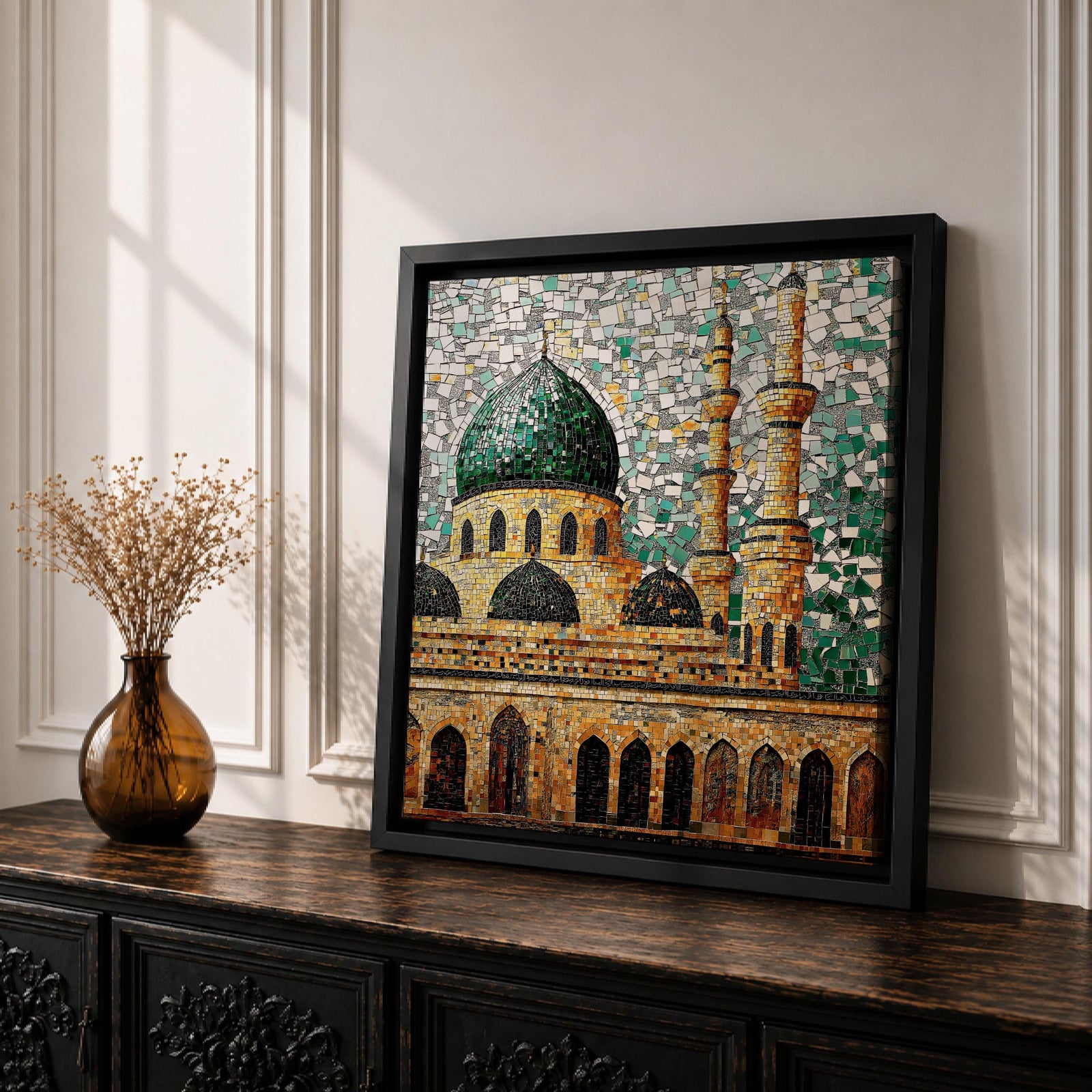 Masjid Al Nabawi Wall Art Green Dome Framed Canvas Prophets Mosque Mosaic Islamic Decor