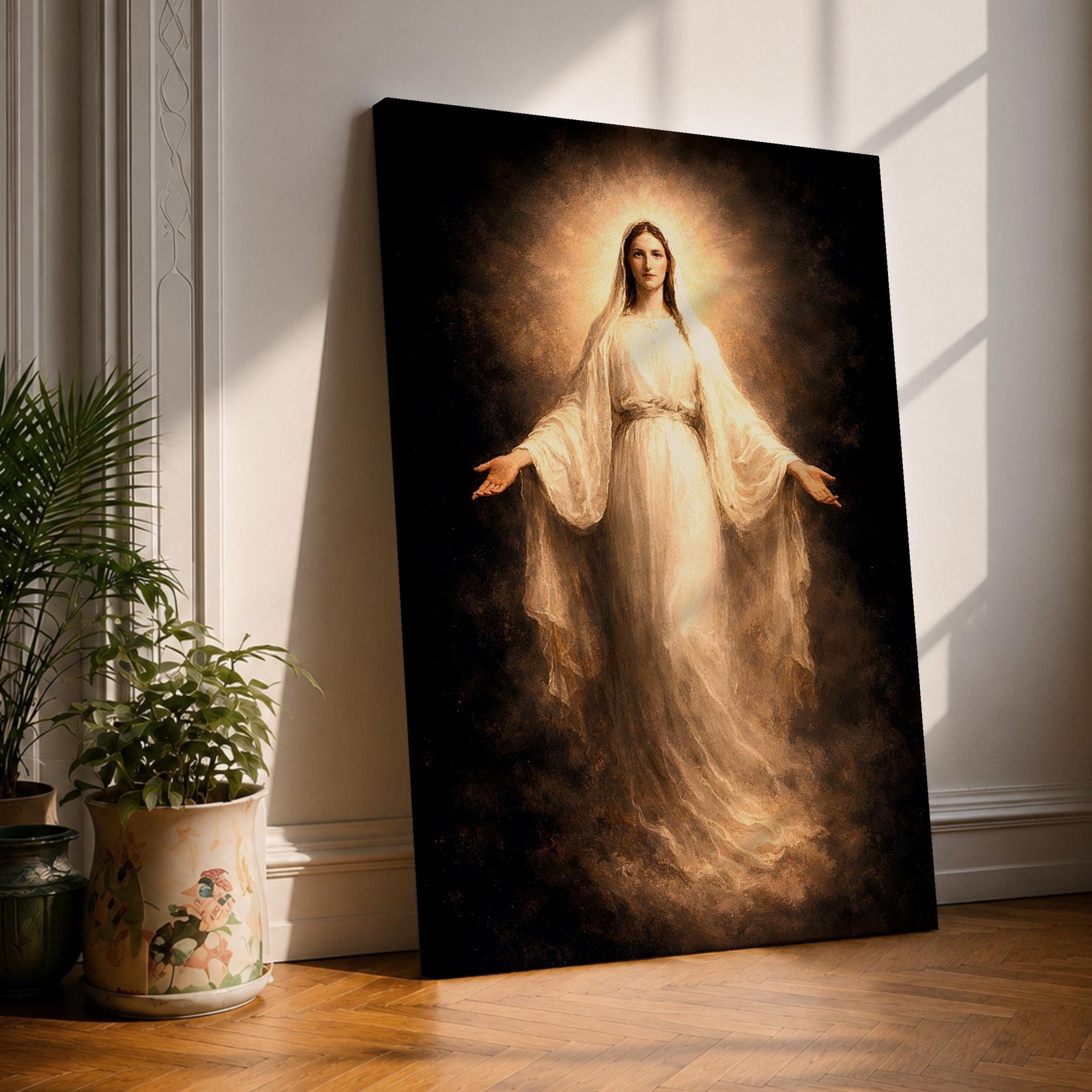 A vertical vintage-style painting of the Virgin Mary appearing in a radiant apparition with arms gently extended outward, dressed in flowing white robes and surrounded by a luminous golden halo. The Madonna stands within soft clouds, creating a devotional Catholic composition representing Our Lady of Grace in a serene heavenly vision.