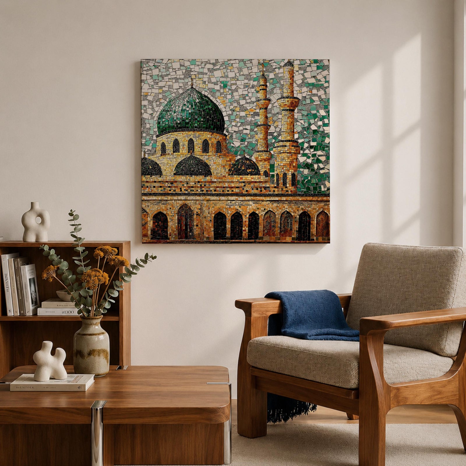 Masjid Al Nabawi Wall Art Green Dome Framed Canvas Prophets Mosque Mosaic Islamic Decor