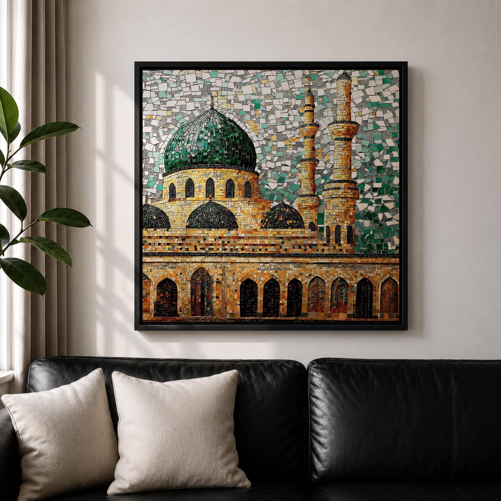 Masjid Al Nabawi Wall Art Green Dome Framed Canvas Prophets Mosque Mosaic Islamic Decor