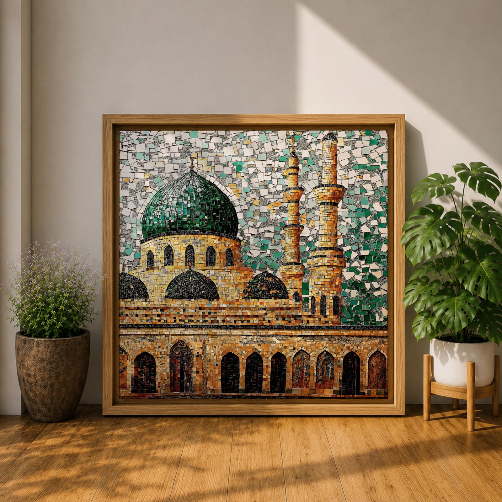 Masjid Al Nabawi Wall Art Green Dome Framed Canvas Prophets Mosque Mosaic Islamic Decor