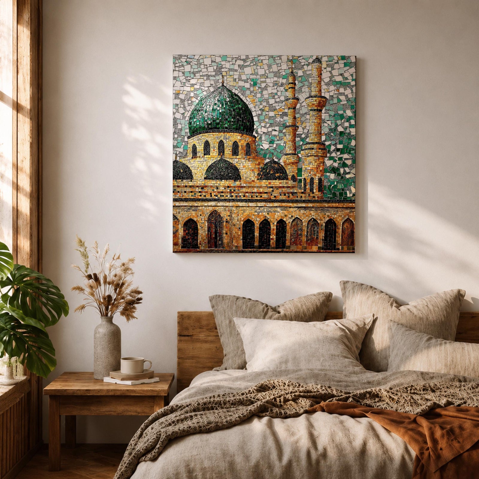 Masjid Al Nabawi Wall Art Green Dome Framed Canvas Prophets Mosque Mosaic Islamic Decor