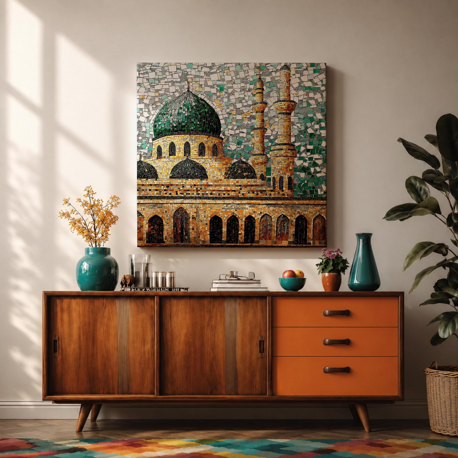 Masjid Al Nabawi Wall Art Green Dome Framed Canvas Prophets Mosque Mosaic Islamic Decor