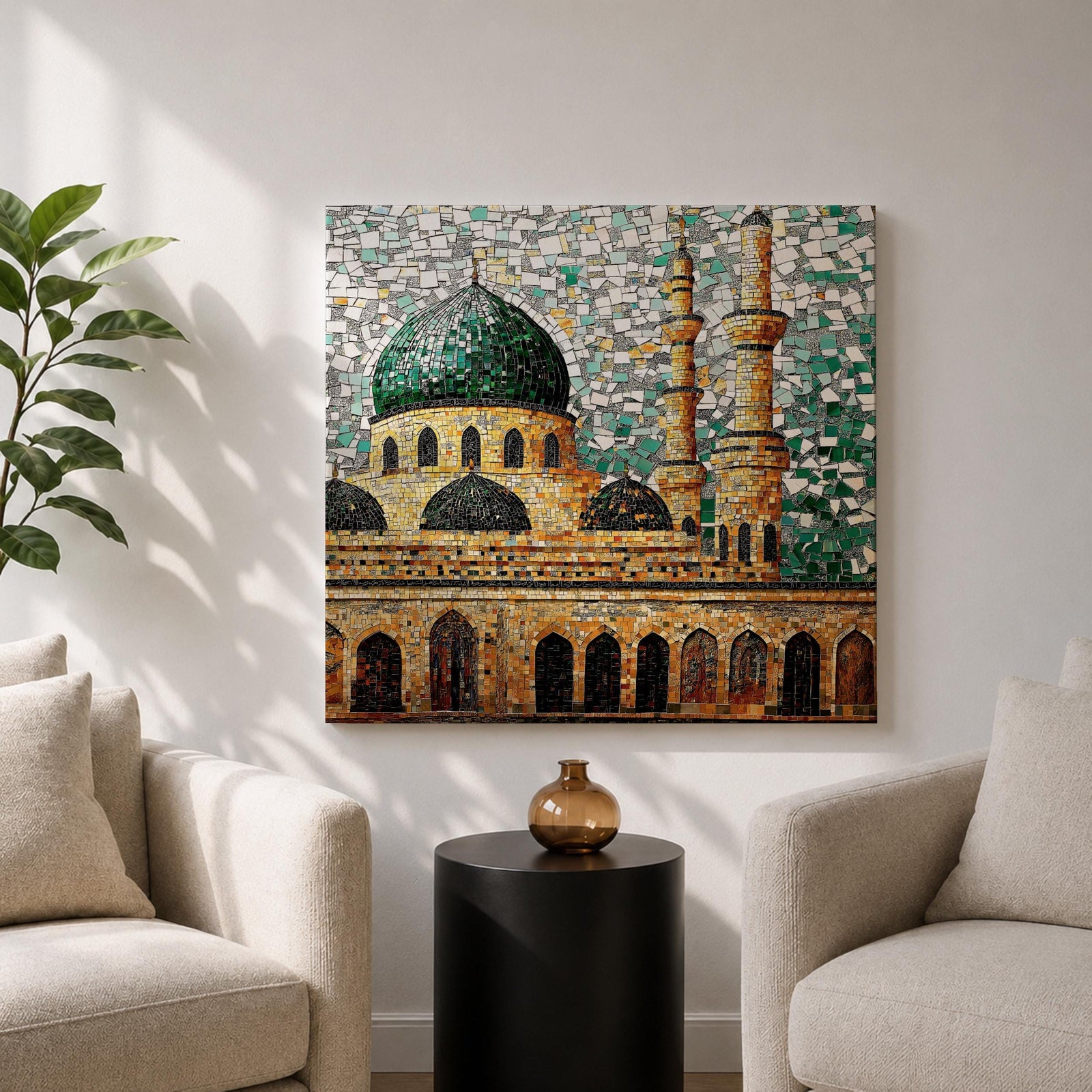 Masjid Al Nabawi Wall Art Green Dome Framed Canvas Prophets Mosque Mosaic Islamic Decor