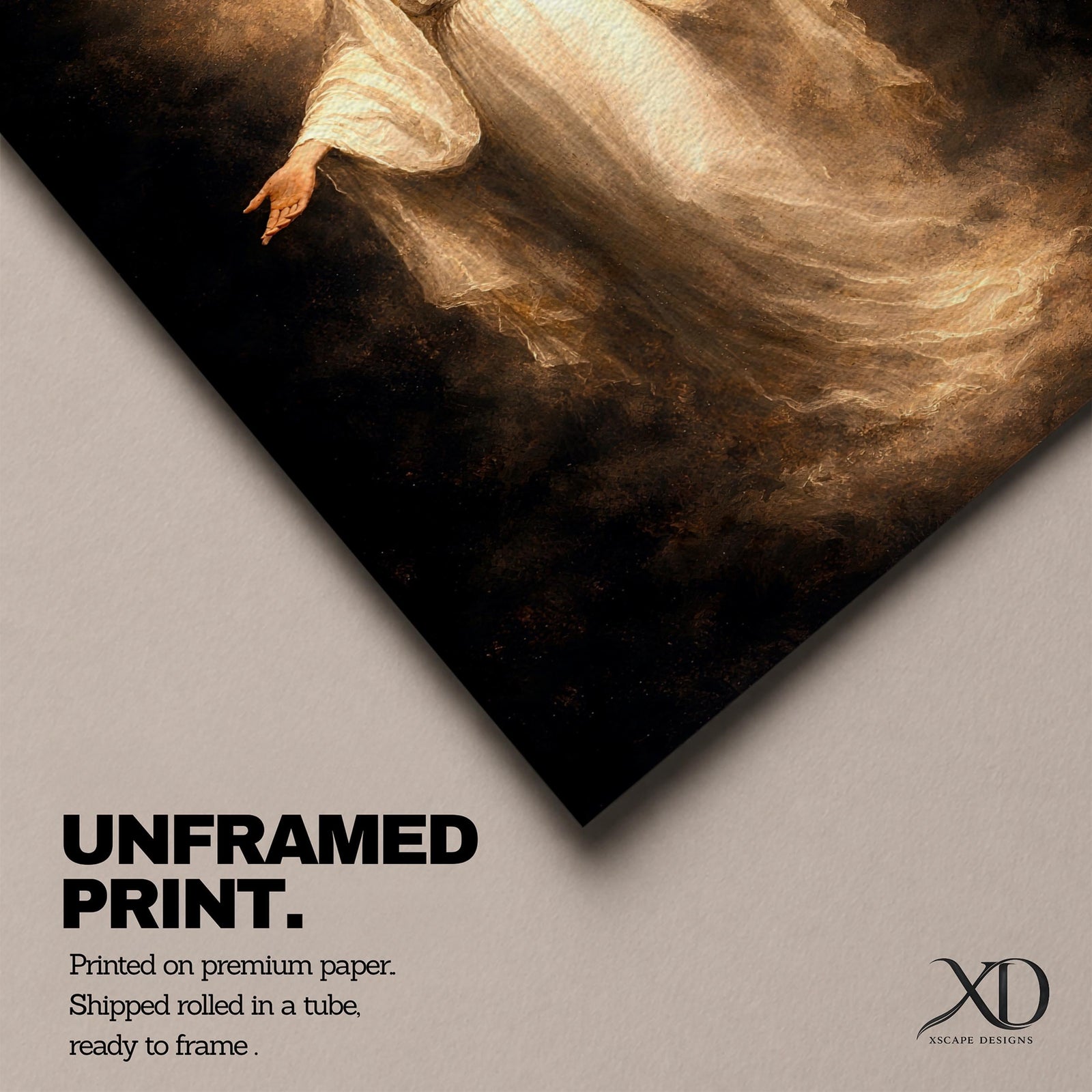 A vertical vintage-style painting of the Virgin Mary appearing in a radiant apparition with arms gently extended outward, dressed in flowing white robes and surrounded by a luminous golden halo. The Madonna stands within soft clouds, creating a devotional Catholic composition representing Our Lady of Grace in a serene heavenly vision.