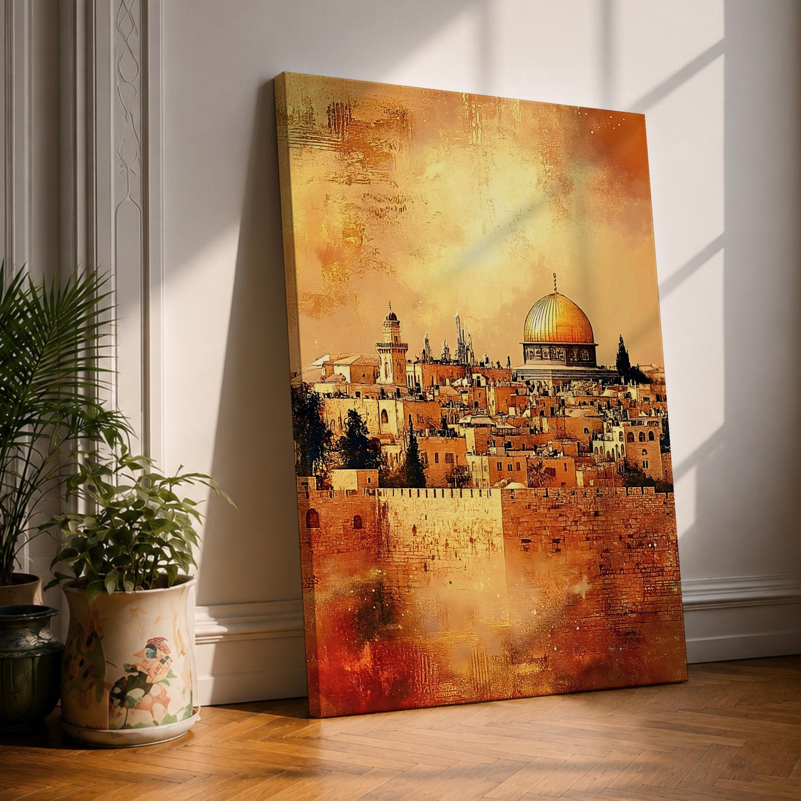 Vintage textured artwork depicting the Dome of the Rock rising above the historic Jerusalem skyline, with the golden dome illuminated over clustered stone buildings, ancient walls, and warm atmospheric tones that create an aged painterly effect, emphasizing sacred Islamic architecture within the historic city landscape.