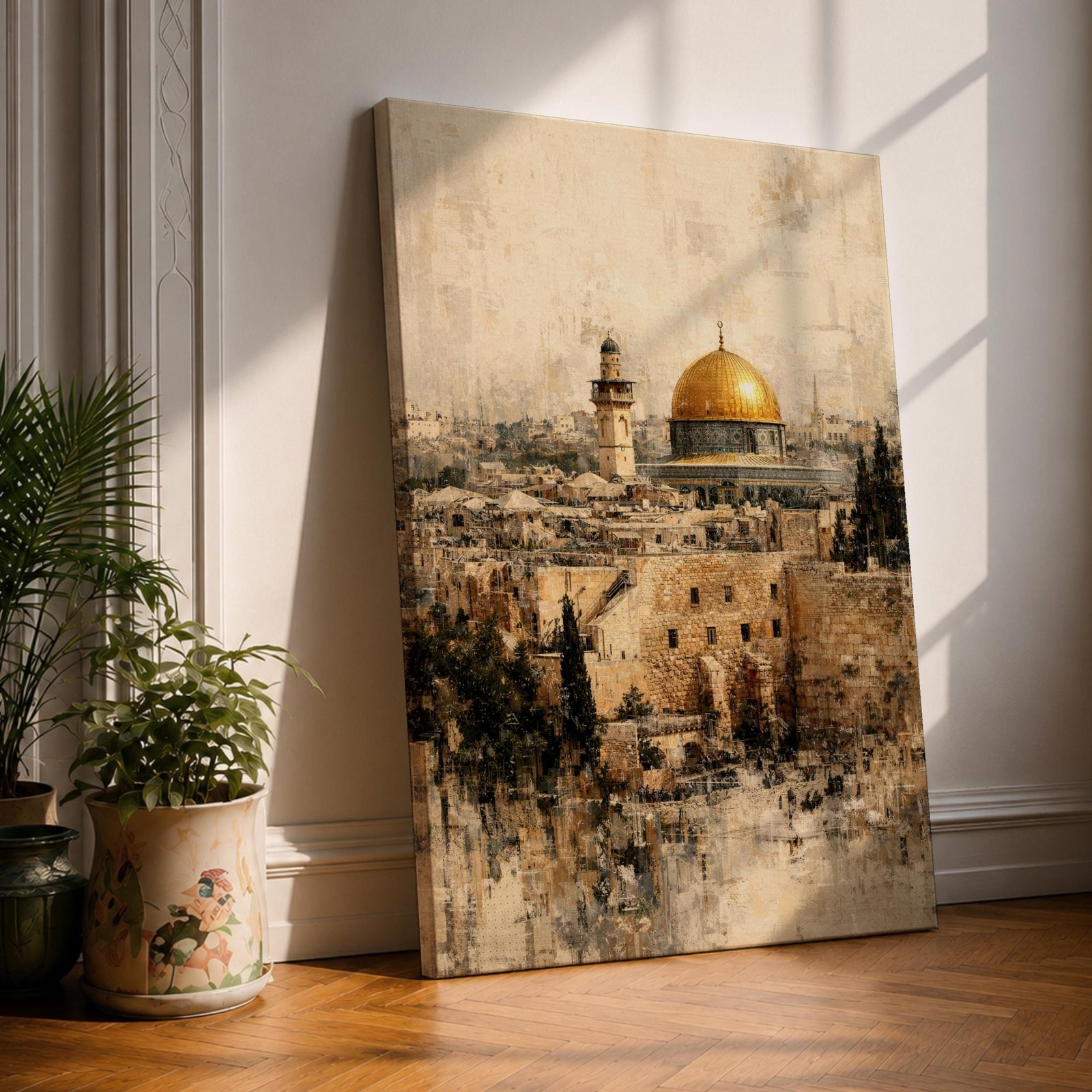 Vintage styled depiction of the Dome of the Rock rising above the historic Old City of Jerusalem, showing the iconic golden dome surrounded by ancient stone buildings, city walls, and a tall minaret under a softly aged sky, capturing the sacred Islamic landmark within the dense architecture of Jerusalem’s historic skyline.