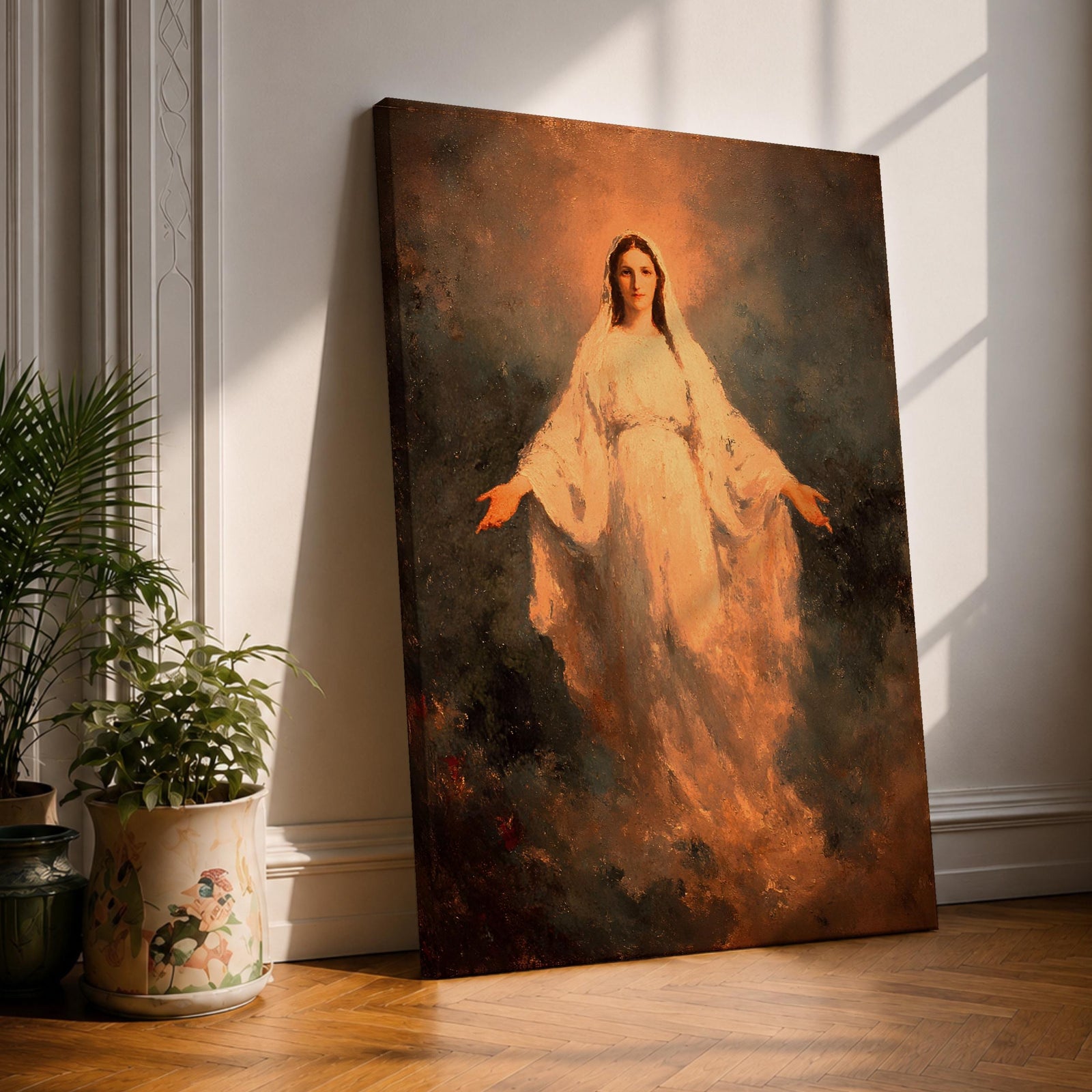 A vintage devotional painting of the Virgin Mary standing with open hands and flowing white robes, surrounded by a radiant golden halo that illuminates her figure. The Madonna appears emerging softly from a dark atmospheric background with warm glowing light, forming a classic Catholic Marian apparition composition.