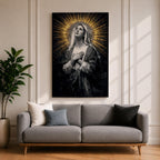 Painting of Our Lady of Sorrows depicted as the Virgin Mary gazing upward with hands crossed over her chest in a prayer pose, rendered in a vintage religious style with a radiant halo of golden rays behind her head, dark dramatic background, and solemn devotional composition emphasizing contemplation and Marian suffering.