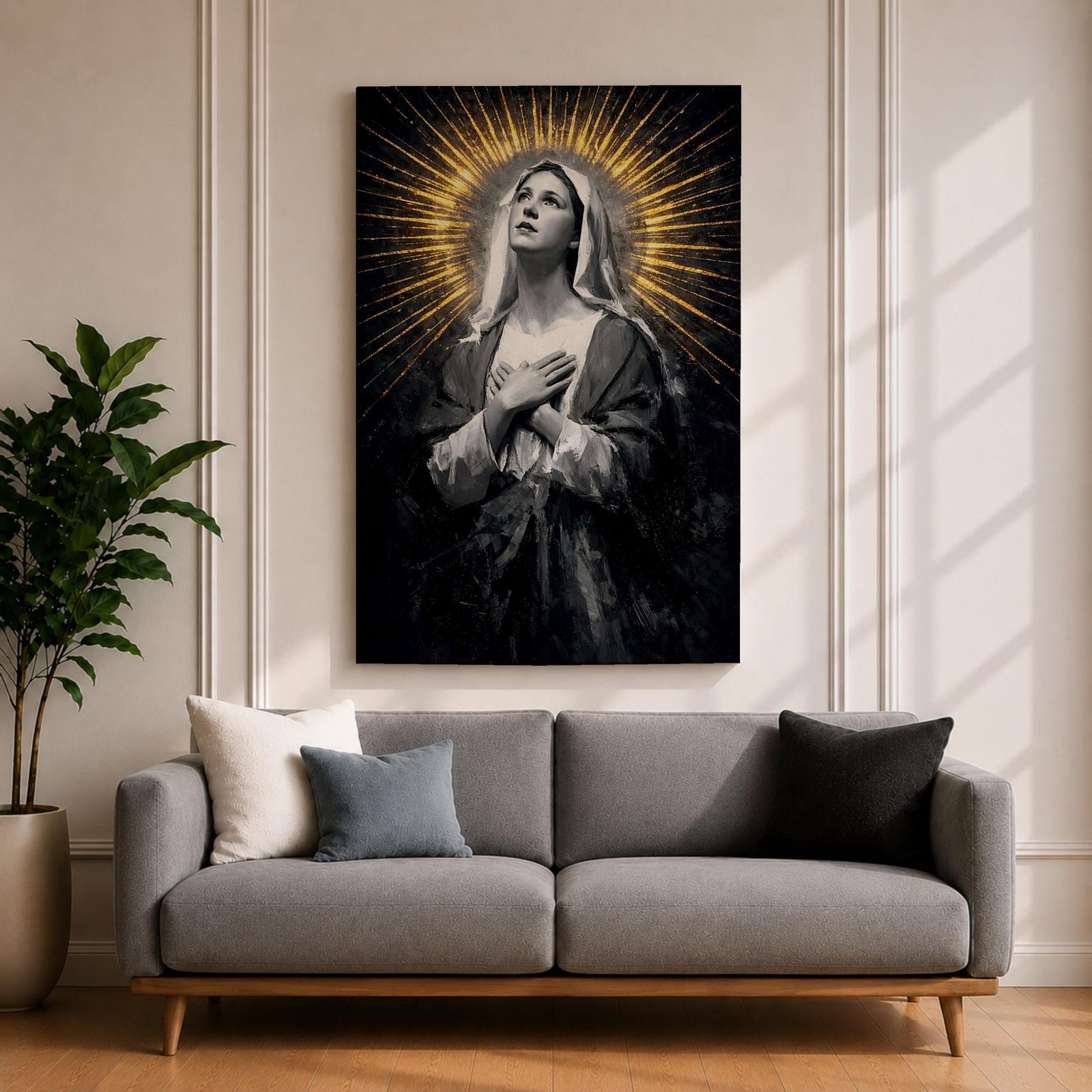 Painting of Our Lady of Sorrows depicted as the Virgin Mary gazing upward with hands crossed over her chest in a prayer pose, rendered in a vintage religious style with a radiant halo of golden rays behind her head, dark dramatic background, and solemn devotional composition emphasizing contemplation and Marian suffering.