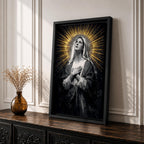 Painting of Our Lady of Sorrows depicted as the Virgin Mary gazing upward with hands crossed over her chest in a prayer pose, rendered in a vintage religious style with a radiant halo of golden rays behind her head, dark dramatic background, and solemn devotional composition emphasizing contemplation and Marian suffering.