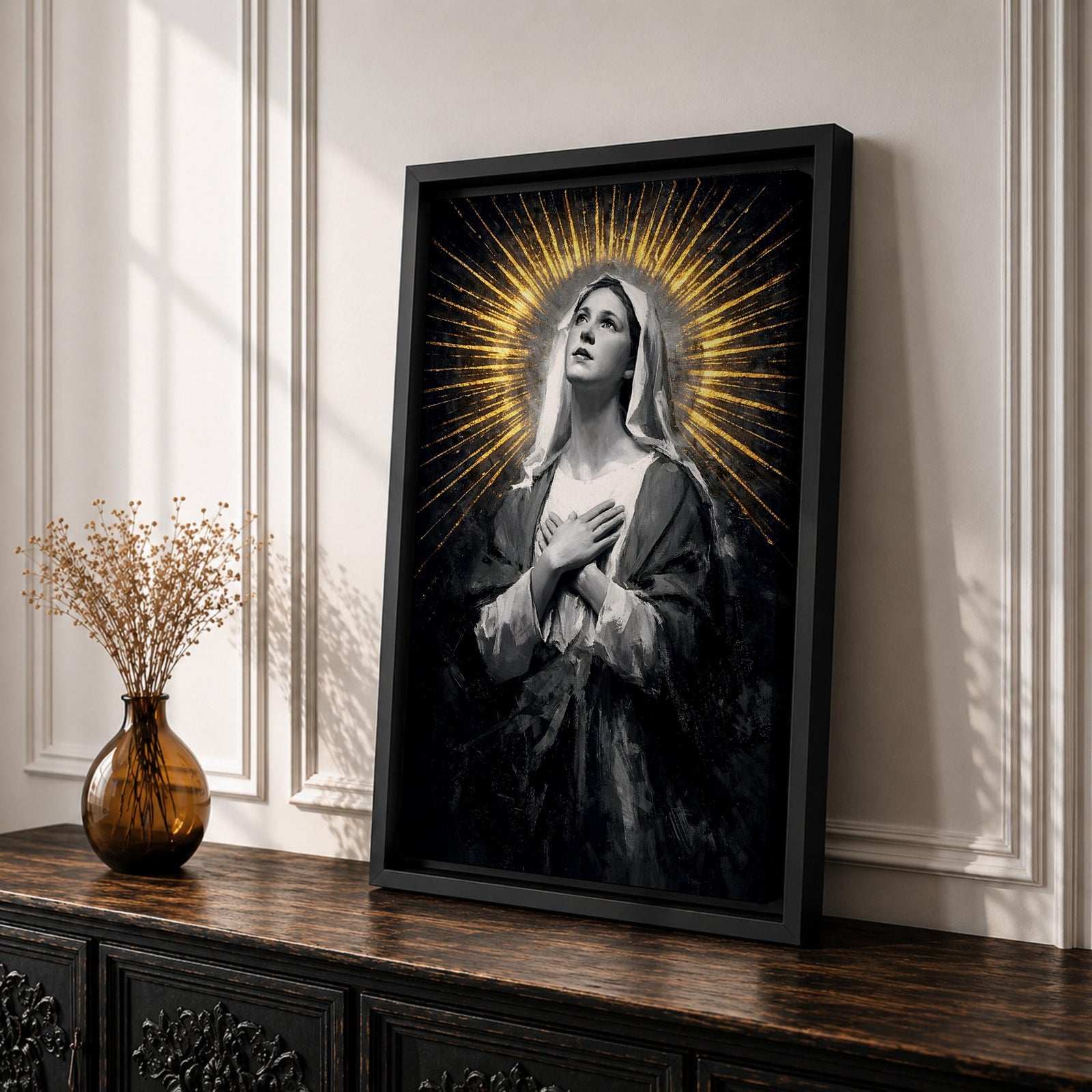 Painting of Our Lady of Sorrows depicted as the Virgin Mary gazing upward with hands crossed over her chest in a prayer pose, rendered in a vintage religious style with a radiant halo of golden rays behind her head, dark dramatic background, and solemn devotional composition emphasizing contemplation and Marian suffering.