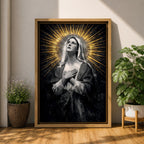 Painting of Our Lady of Sorrows depicted as the Virgin Mary gazing upward with hands crossed over her chest in a prayer pose, rendered in a vintage religious style with a radiant halo of golden rays behind her head, dark dramatic background, and solemn devotional composition emphasizing contemplation and Marian suffering.