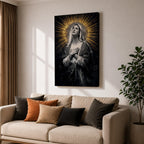 Painting of Our Lady of Sorrows depicted as the Virgin Mary gazing upward with hands crossed over her chest in a prayer pose, rendered in a vintage religious style with a radiant halo of golden rays behind her head, dark dramatic background, and solemn devotional composition emphasizing contemplation and Marian suffering.
