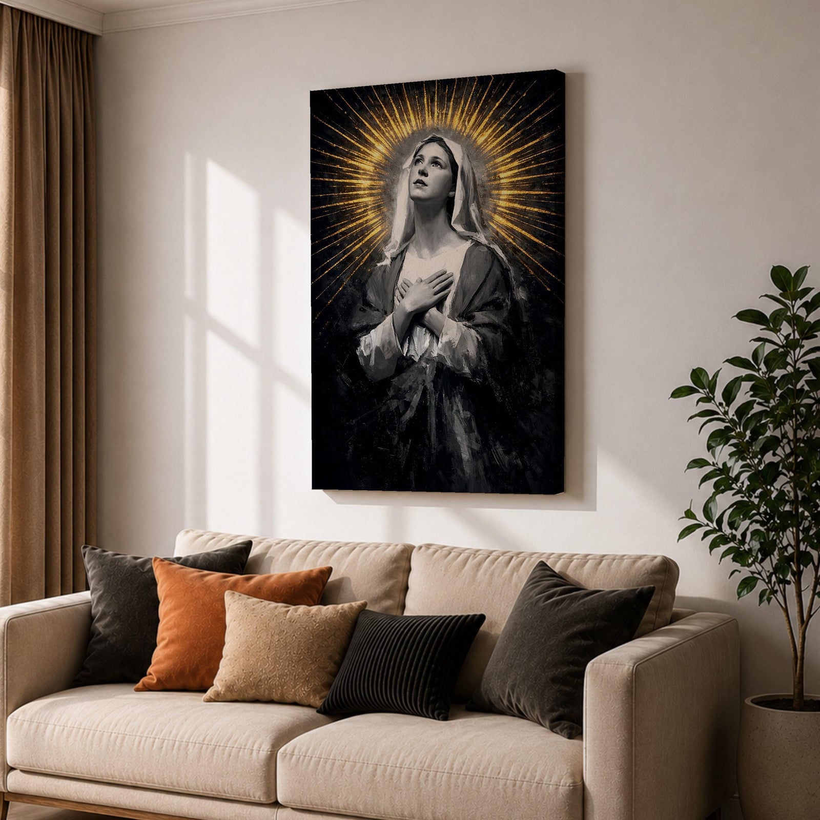 Painting of Our Lady of Sorrows depicted as the Virgin Mary gazing upward with hands crossed over her chest in a prayer pose, rendered in a vintage religious style with a radiant halo of golden rays behind her head, dark dramatic background, and solemn devotional composition emphasizing contemplation and Marian suffering.