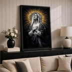 Painting of Our Lady of Sorrows depicted as the Virgin Mary gazing upward with hands crossed over her chest in a prayer pose, rendered in a vintage religious style with a radiant halo of golden rays behind her head, dark dramatic background, and solemn devotional composition emphasizing contemplation and Marian suffering.