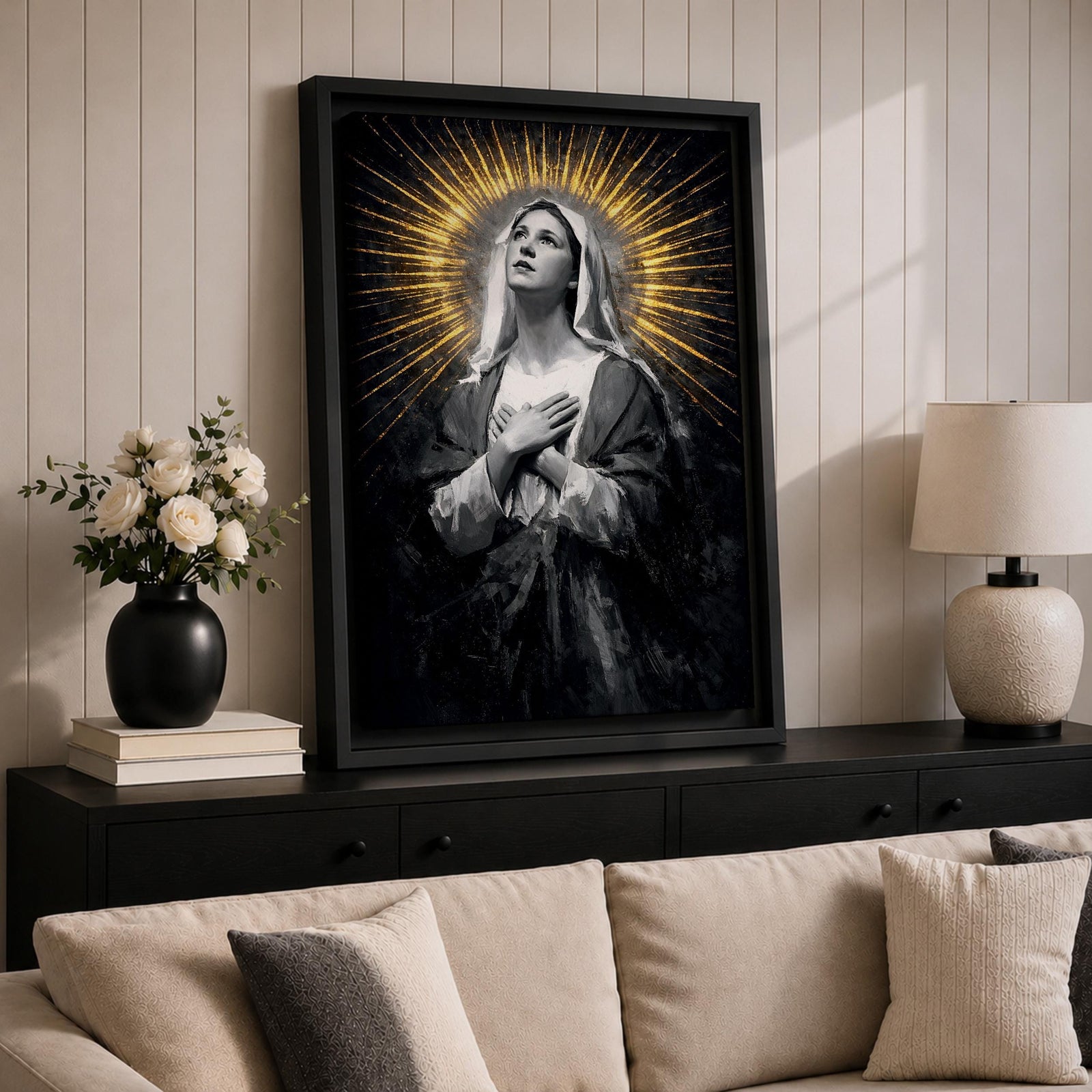 Painting of Our Lady of Sorrows depicted as the Virgin Mary gazing upward with hands crossed over her chest in a prayer pose, rendered in a vintage religious style with a radiant halo of golden rays behind her head, dark dramatic background, and solemn devotional composition emphasizing contemplation and Marian suffering.
