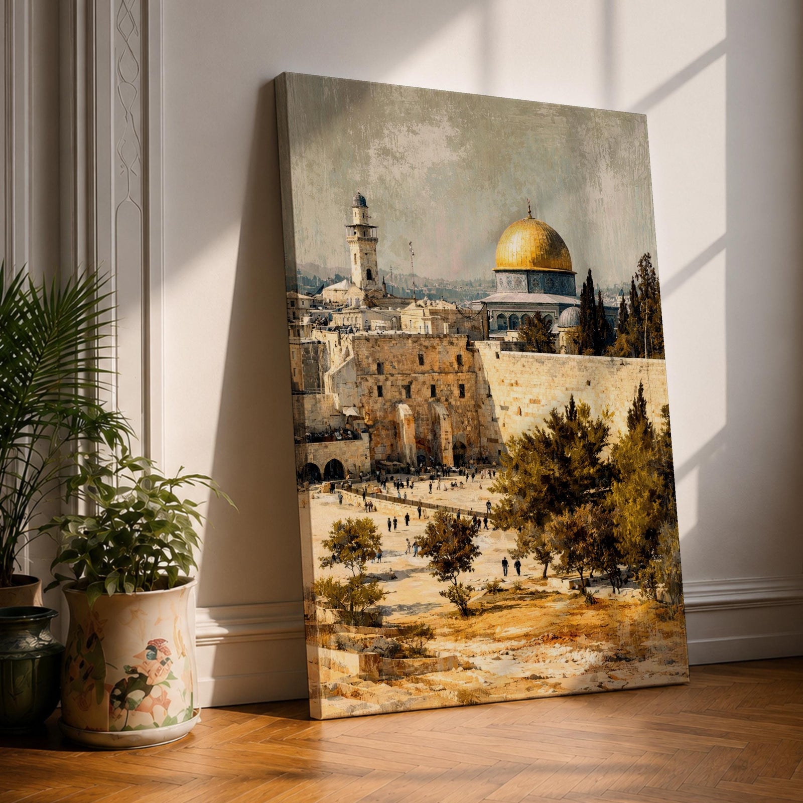 Vintage textured depiction of Masjid Al Aqsa and the Dome of the Rock rising above the historic Old City of Jerusalem, showing the golden dome, stone buildings, ancient walls, and a tall minaret overlooking a busy plaza with visitors, rendered with aged painterly textures that highlight the sacred Islamic sanctuary and historic Jerusalem architecture.