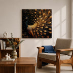 Peacock Wall Art Royal Feathers Framed Canvas Golden Exotic Animal Luxury Glam Decor