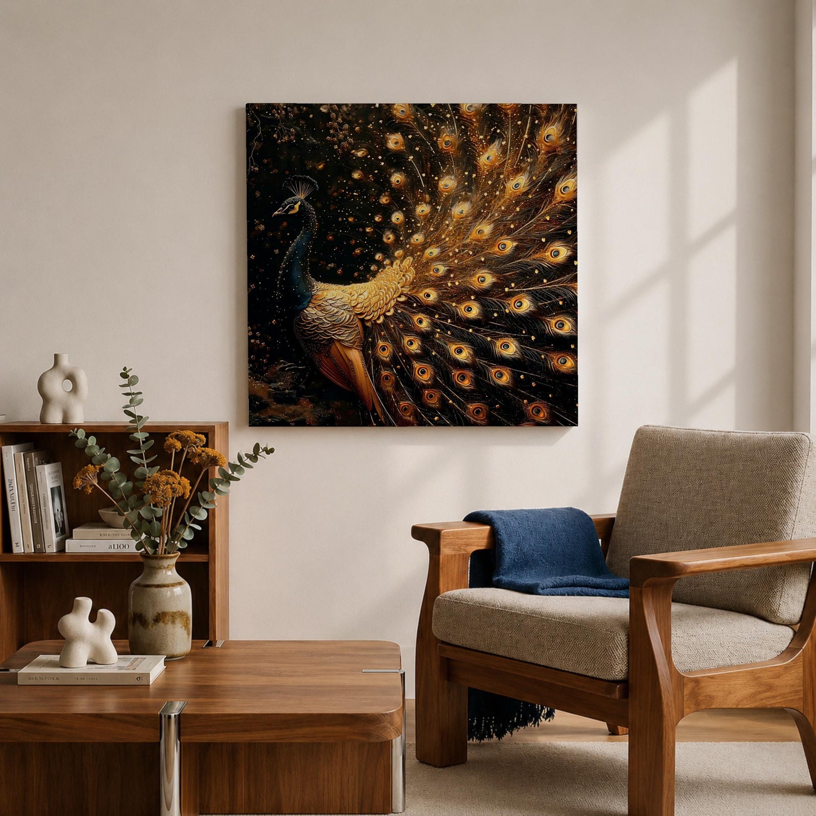 Peacock Wall Art Royal Feathers Framed Canvas Golden Exotic Animal Luxury Glam Decor