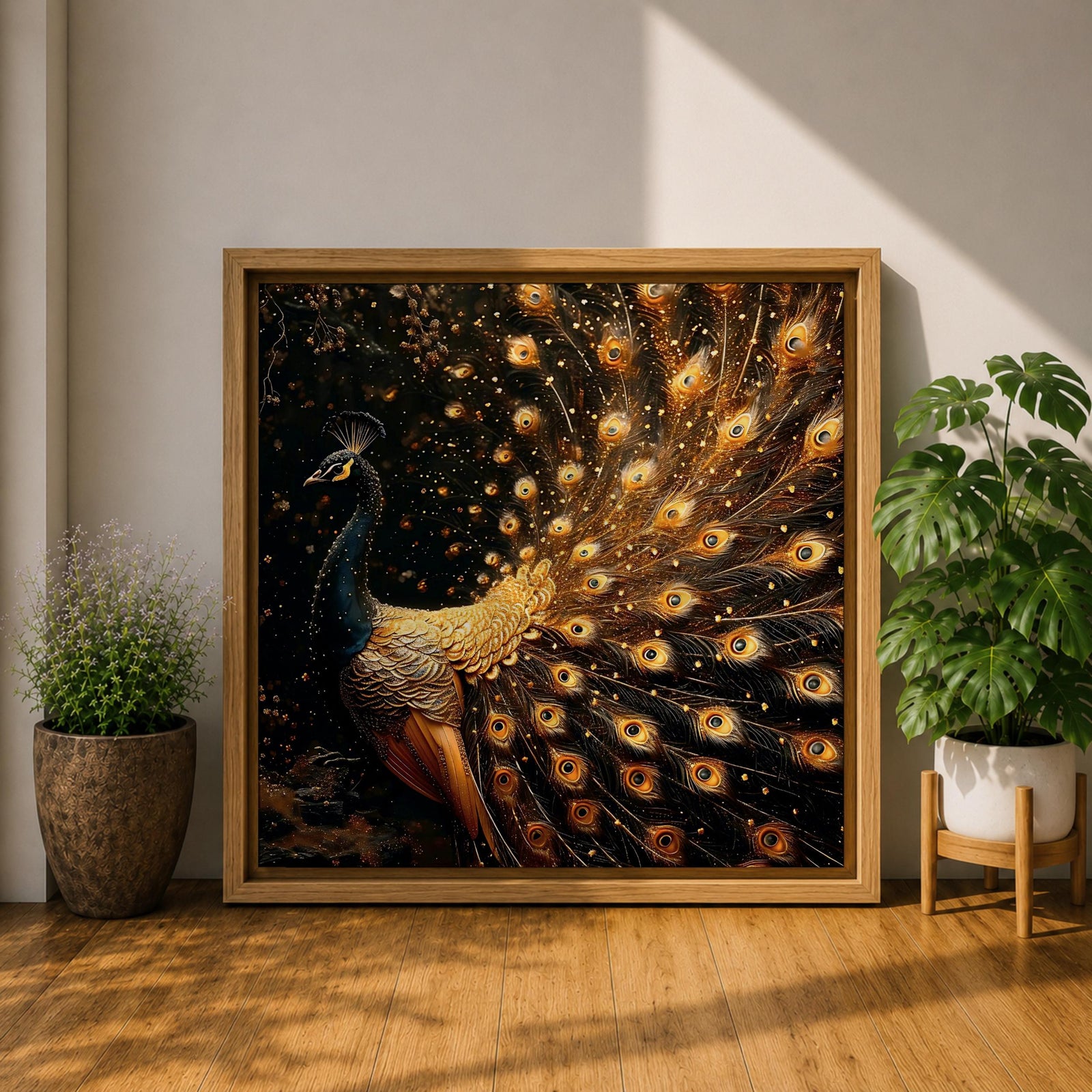 Peacock Wall Art Royal Feathers Framed Canvas Golden Exotic Animal Luxury Glam Decor