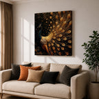 Peacock Wall Art Royal Feathers Framed Canvas Golden Exotic Animal Luxury Glam Decor