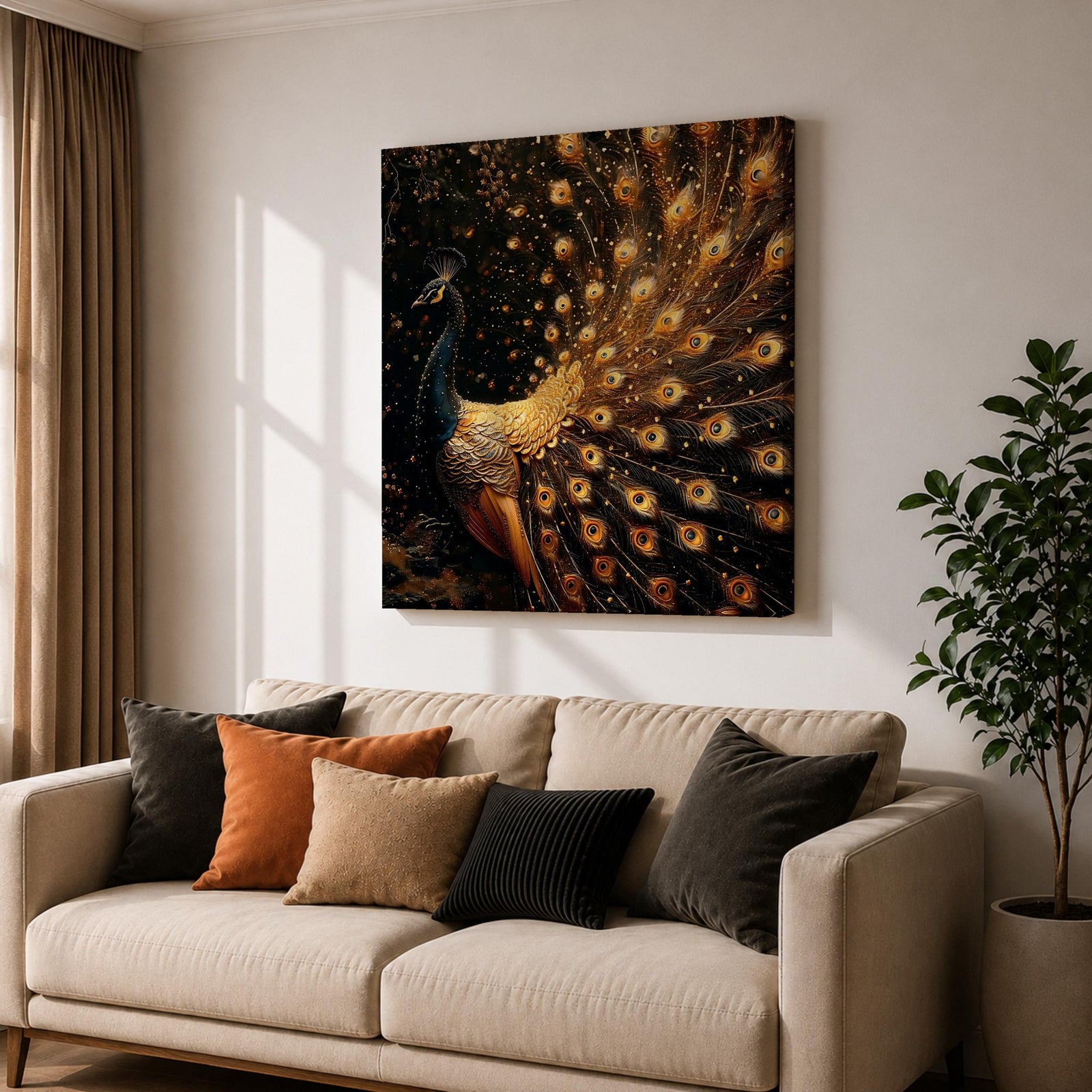 Peacock Wall Art Royal Feathers Framed Canvas Golden Exotic Animal Luxury Glam Decor
