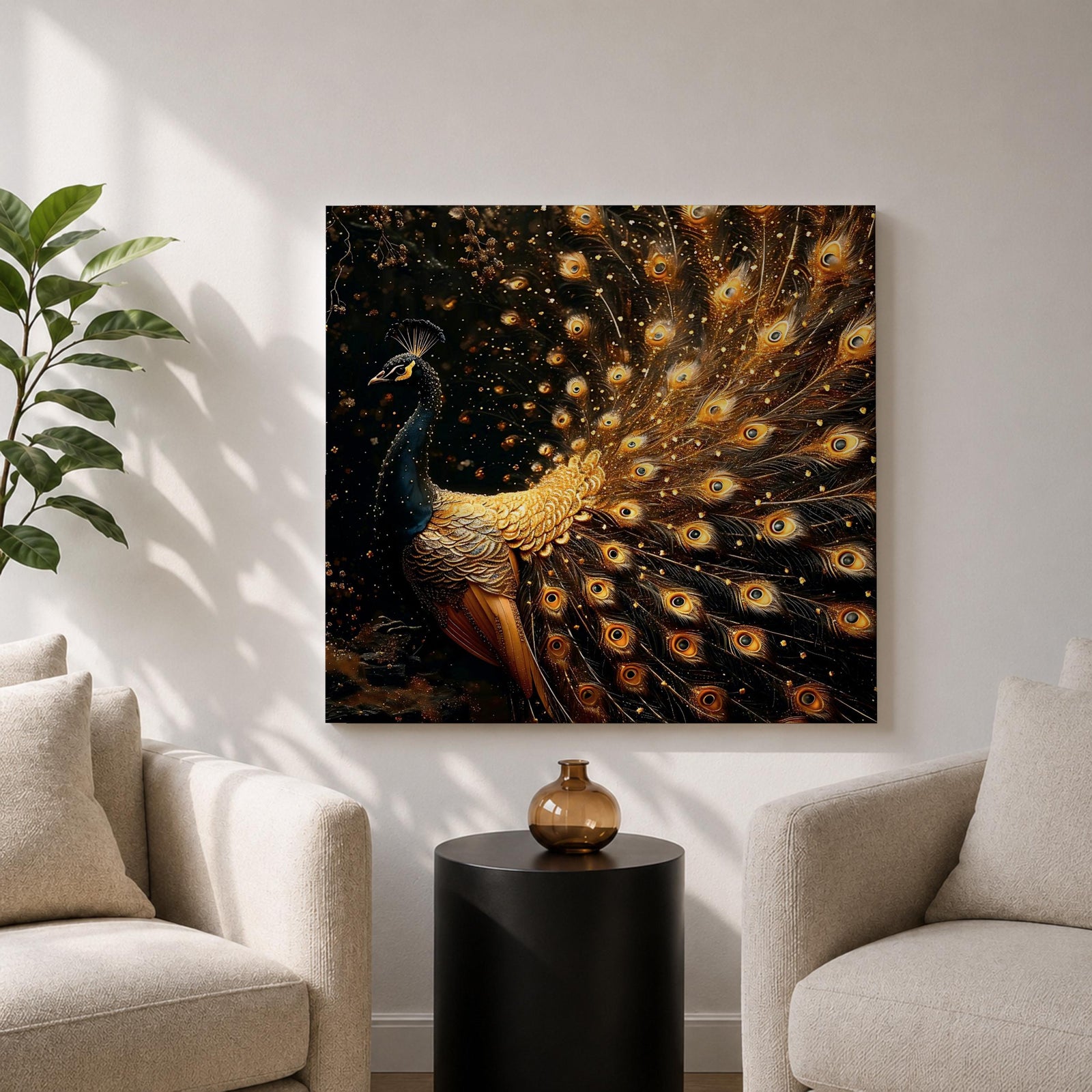 Peacock Wall Art Royal Feathers Framed Canvas Golden Exotic Animal Luxury Glam Decor