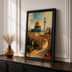 Painterly depiction of the Dome of the Rock in Jerusalem showing the golden dome rising above the historic stone platform, with an arched gate in the foreground, cypress trees, and a slender minaret in the distance, rendered with textured brushstrokes and warm historic tones that evoke the sacred atmosphere of the Old City.