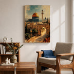 Painterly depiction of the Dome of the Rock in Jerusalem showing the golden dome rising above the historic stone platform, with an arched gate in the foreground, cypress trees, and a slender minaret in the distance, rendered with textured brushstrokes and warm historic tones that evoke the sacred atmosphere of the Old City.