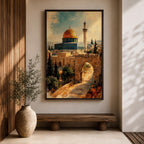 Painterly depiction of the Dome of the Rock in Jerusalem showing the golden dome rising above the historic stone platform, with an arched gate in the foreground, cypress trees, and a slender minaret in the distance, rendered with textured brushstrokes and warm historic tones that evoke the sacred atmosphere of the Old City.