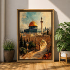 Painterly depiction of the Dome of the Rock in Jerusalem showing the golden dome rising above the historic stone platform, with an arched gate in the foreground, cypress trees, and a slender minaret in the distance, rendered with textured brushstrokes and warm historic tones that evoke the sacred atmosphere of the Old City.
