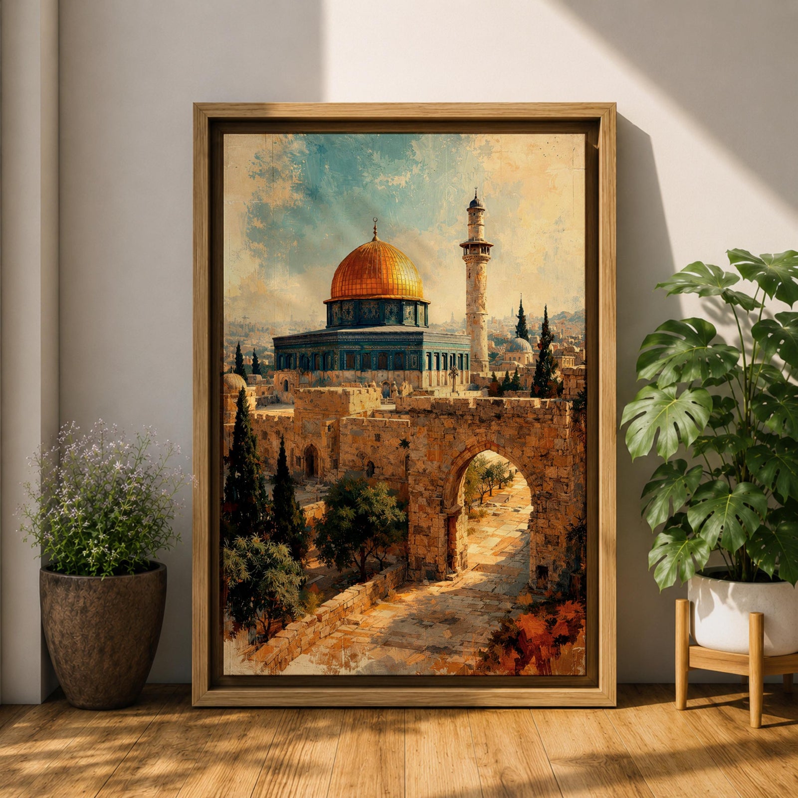 Painterly depiction of the Dome of the Rock in Jerusalem showing the golden dome rising above the historic stone platform, with an arched gate in the foreground, cypress trees, and a slender minaret in the distance, rendered with textured brushstrokes and warm historic tones that evoke the sacred atmosphere of the Old City.