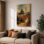 Painterly depiction of the Dome of the Rock in Jerusalem showing the golden dome rising above the historic stone platform, with an arched gate in the foreground, cypress trees, and a slender minaret in the distance, rendered with textured brushstrokes and warm historic tones that evoke the sacred atmosphere of the Old City.