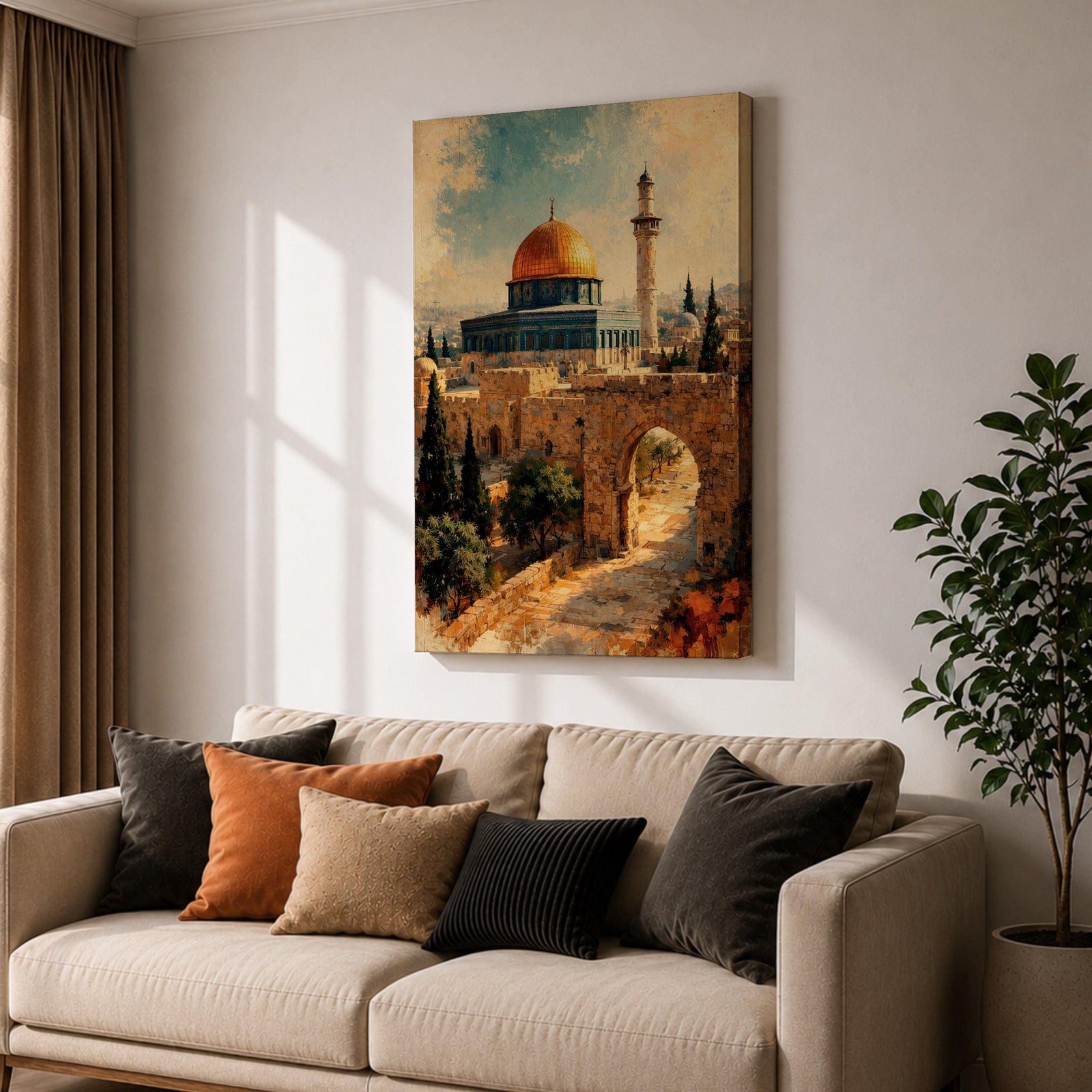 Painterly depiction of the Dome of the Rock in Jerusalem showing the golden dome rising above the historic stone platform, with an arched gate in the foreground, cypress trees, and a slender minaret in the distance, rendered with textured brushstrokes and warm historic tones that evoke the sacred atmosphere of the Old City.