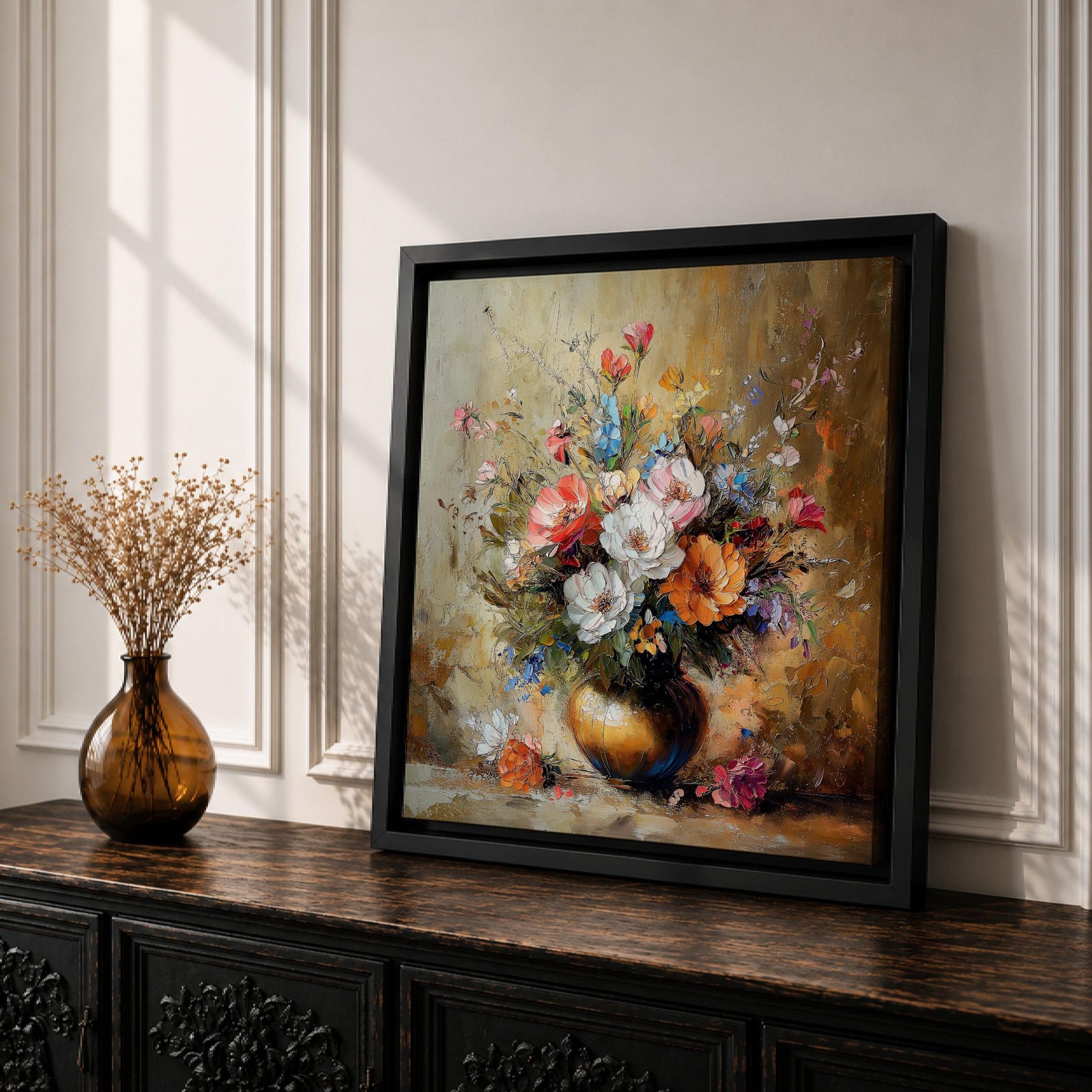 Floral Vase Wall Art Flower Bouquet Framed Canvas Botanical Impasto Rustic Vintage Home Decor