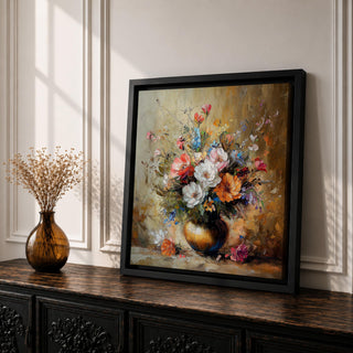 Floral Vase Wall Art Flower Bouquet Framed Canvas Botanical Impasto Rustic Vintage Home Decor