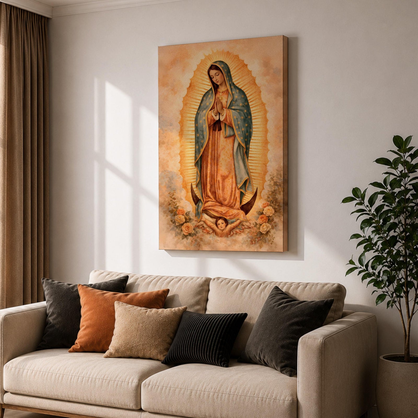 Painting of Our Lady of Guadalupe standing in a prayer pose with hands clasped and head bowed, wearing a flowing rose colored gown and a blue mantle decorated with stars, surrounded by radiant golden rays forming an oval halo, standing on a crescent moon supported by a small angel in traditional Catholic devotional style.