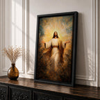 Painting of Jesus Christ standing with open arms extended outward, wearing flowing robes and surrounded by radiant golden light bursting behind him, rendered in a dramatic biblical devotional style with glowing halo like rays and expressive brushwork emphasizing a welcoming and redeeming presence.