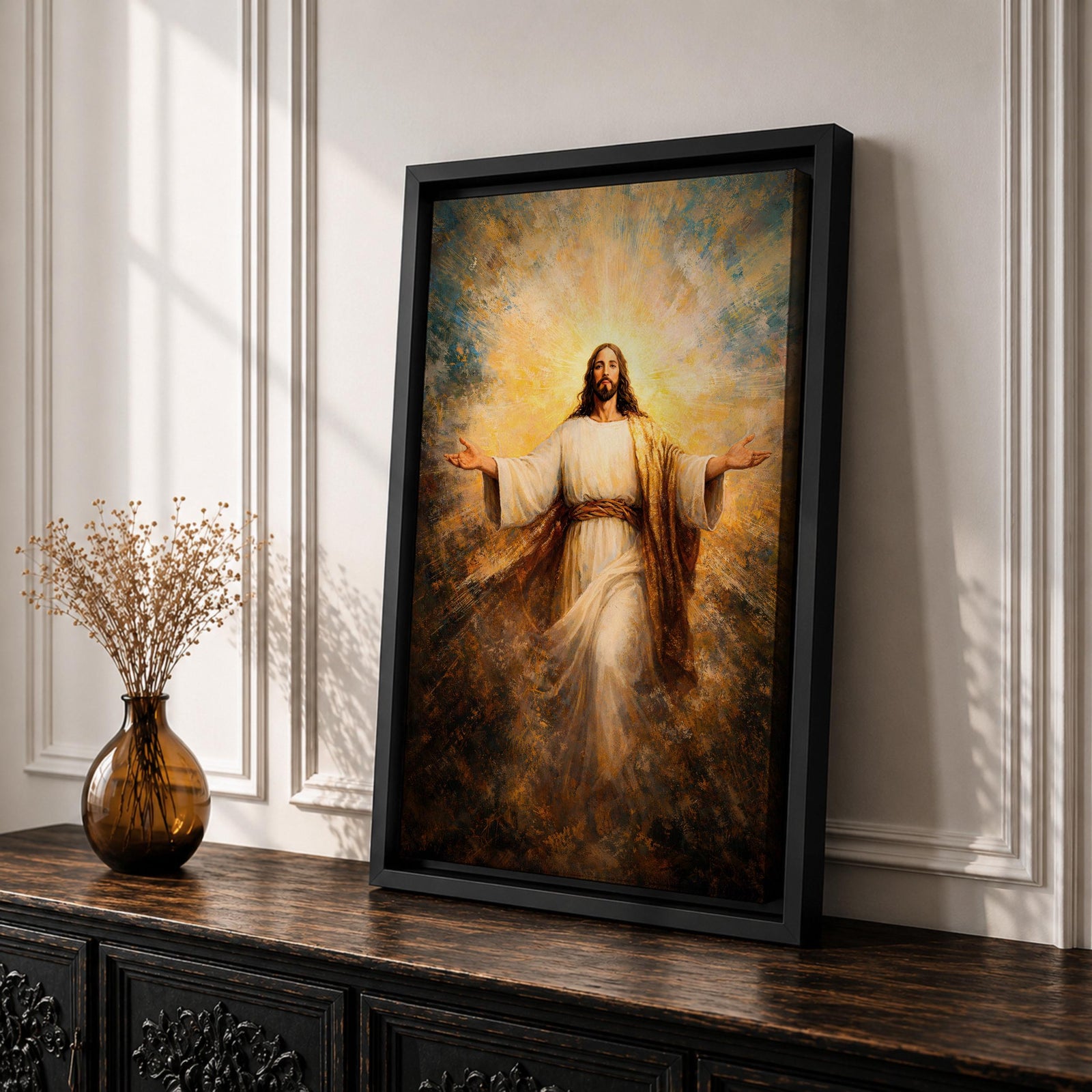 Painting of Jesus Christ standing with open arms extended outward, wearing flowing robes and surrounded by radiant golden light bursting behind him, rendered in a dramatic biblical devotional style with glowing halo like rays and expressive brushwork emphasizing a welcoming and redeeming presence.