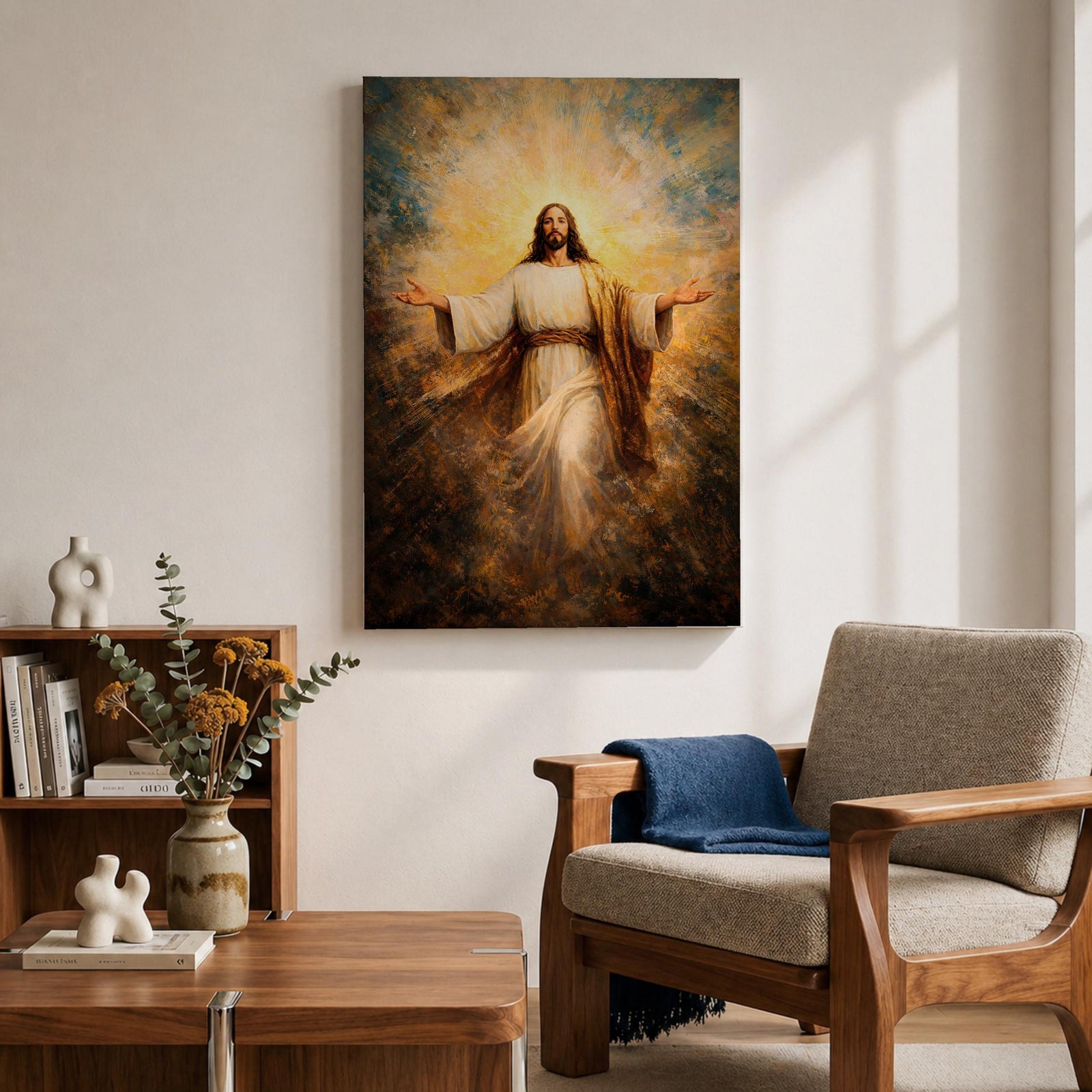 Painting of Jesus Christ standing with open arms extended outward, wearing flowing robes and surrounded by radiant golden light bursting behind him, rendered in a dramatic biblical devotional style with glowing halo like rays and expressive brushwork emphasizing a welcoming and redeeming presence.