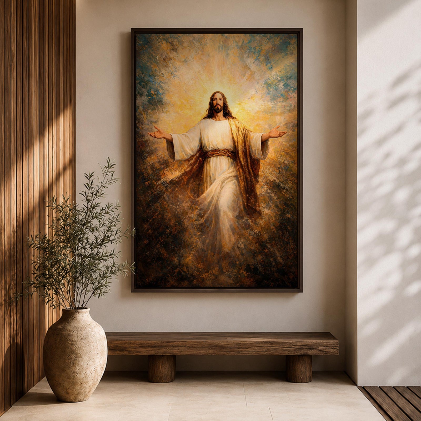 Painting of Jesus Christ standing with open arms extended outward, wearing flowing robes and surrounded by radiant golden light bursting behind him, rendered in a dramatic biblical devotional style with glowing halo like rays and expressive brushwork emphasizing a welcoming and redeeming presence.