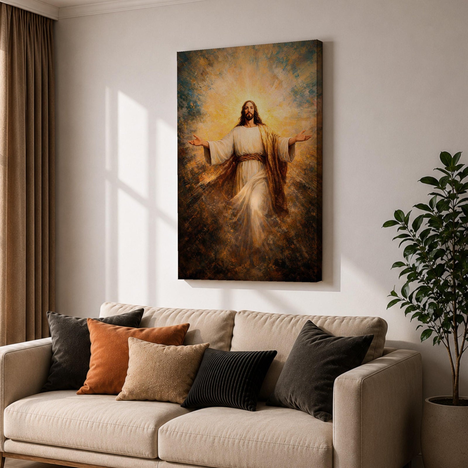 Painting of Jesus Christ standing with open arms extended outward, wearing flowing robes and surrounded by radiant golden light bursting behind him, rendered in a dramatic biblical devotional style with glowing halo like rays and expressive brushwork emphasizing a welcoming and redeeming presence.