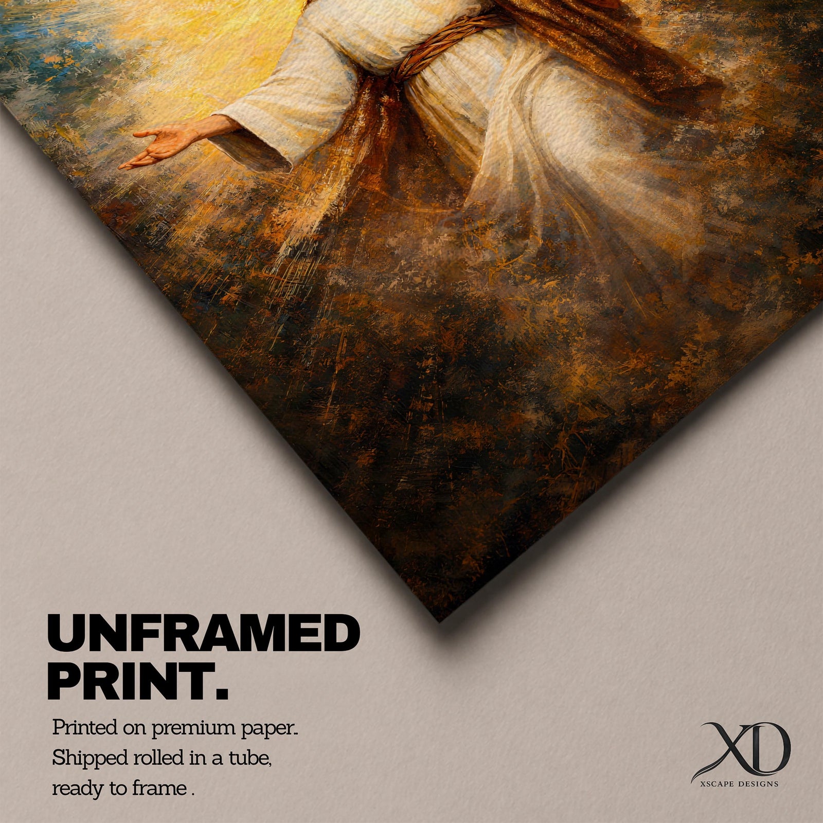 Painting of Jesus Christ standing with open arms extended outward, wearing flowing robes and surrounded by radiant golden light bursting behind him, rendered in a dramatic biblical devotional style with glowing halo like rays and expressive brushwork emphasizing a welcoming and redeeming presence.